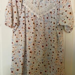 C&C California Orange & Blue Floral Blouse, Lace Collar, Women's Large